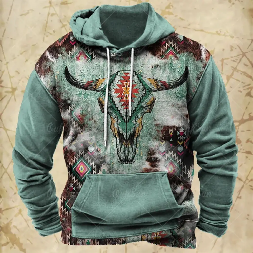 

Men's Hoodie Western Cowboy Hooded Sweatshirt North America Demon Wendigo Printed Oversized Harajuku Clothes Vintage Streetwear