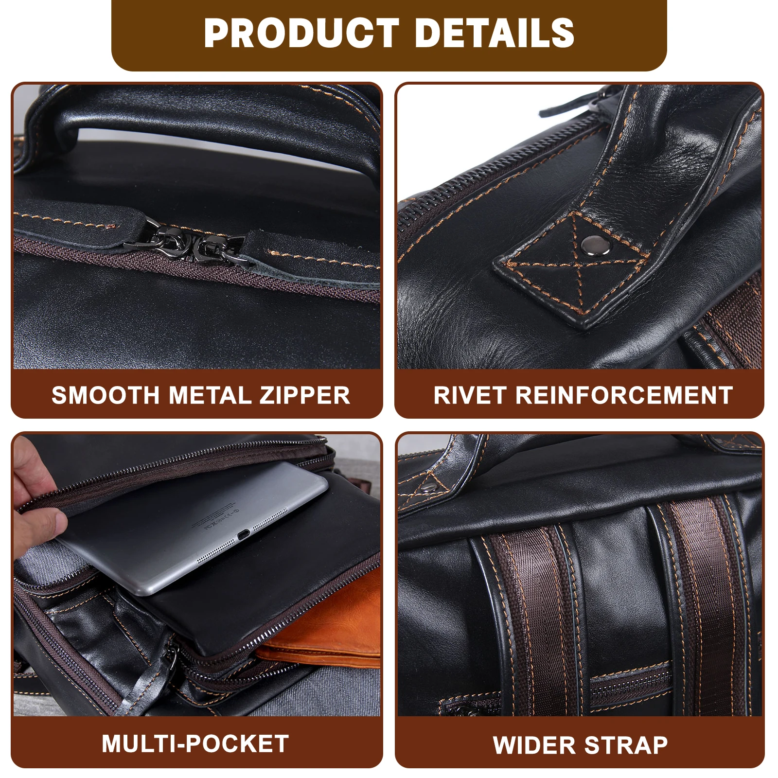 S.WORKER Lässiger Herrenrucksack aus echtem Leder, große Kapazität, 15" Laptop-Reisetasche, Schulrucksack aus Rindsleder, modische Wochenendtasche – Detail 15
