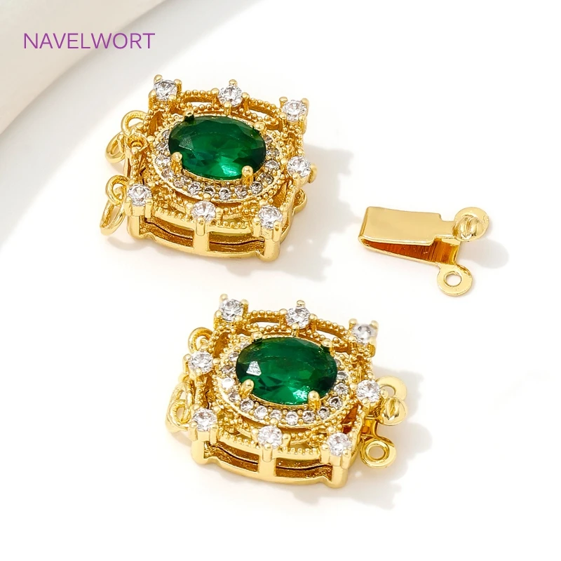 18K Gold Plated with Green Crystal Box Safety Clasp Brass Pearl Necklace Clasps Connector,For DIY Jewelry Making Accessories