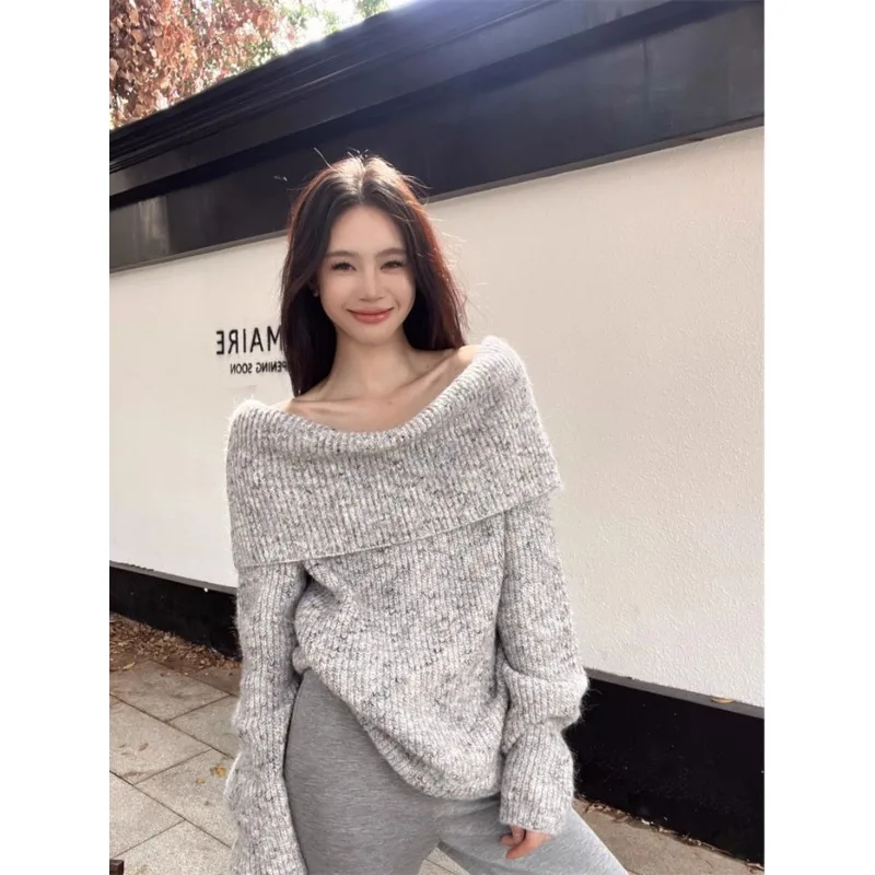 Women's 2026 Autumn Winter American Grey Thick Off Shoulder Pullover Sweater Slouchy Knit Top Elegant Chic Coquette Trendy