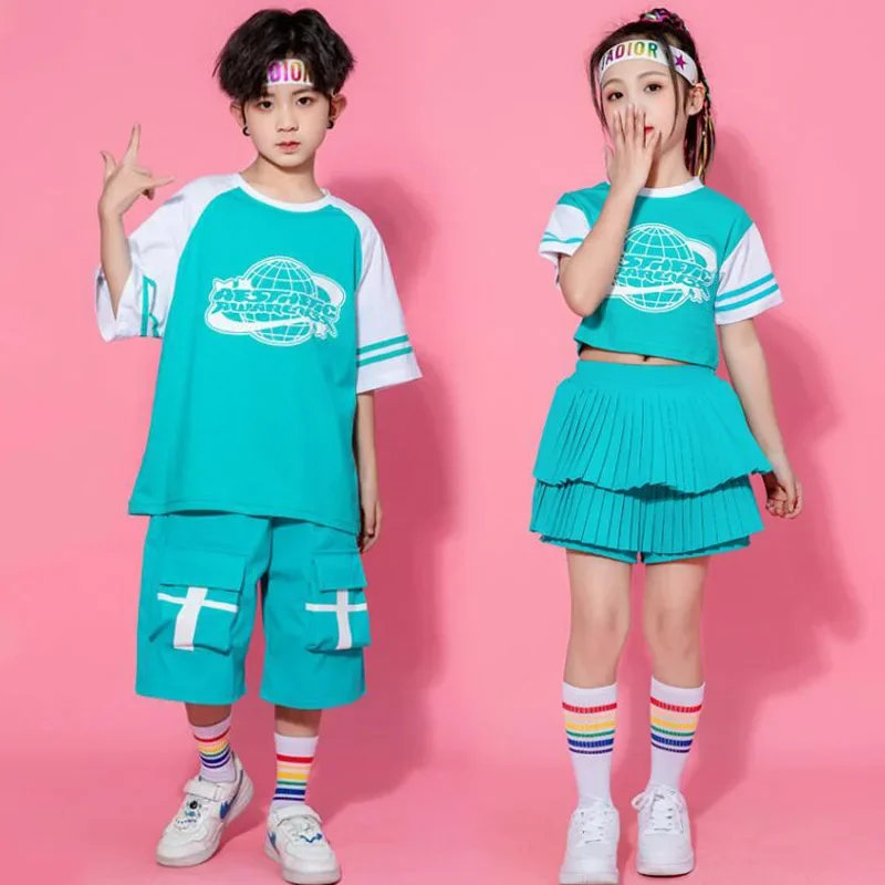 

Комплект одежды в стиле хип-хоп для мальчиков, футболка, уличные танцы, шорты-граффити, футболка для девочек, фиолетовая юбка, Детская уличная одежда, комплекты одежды, Детские джазовые костюмы