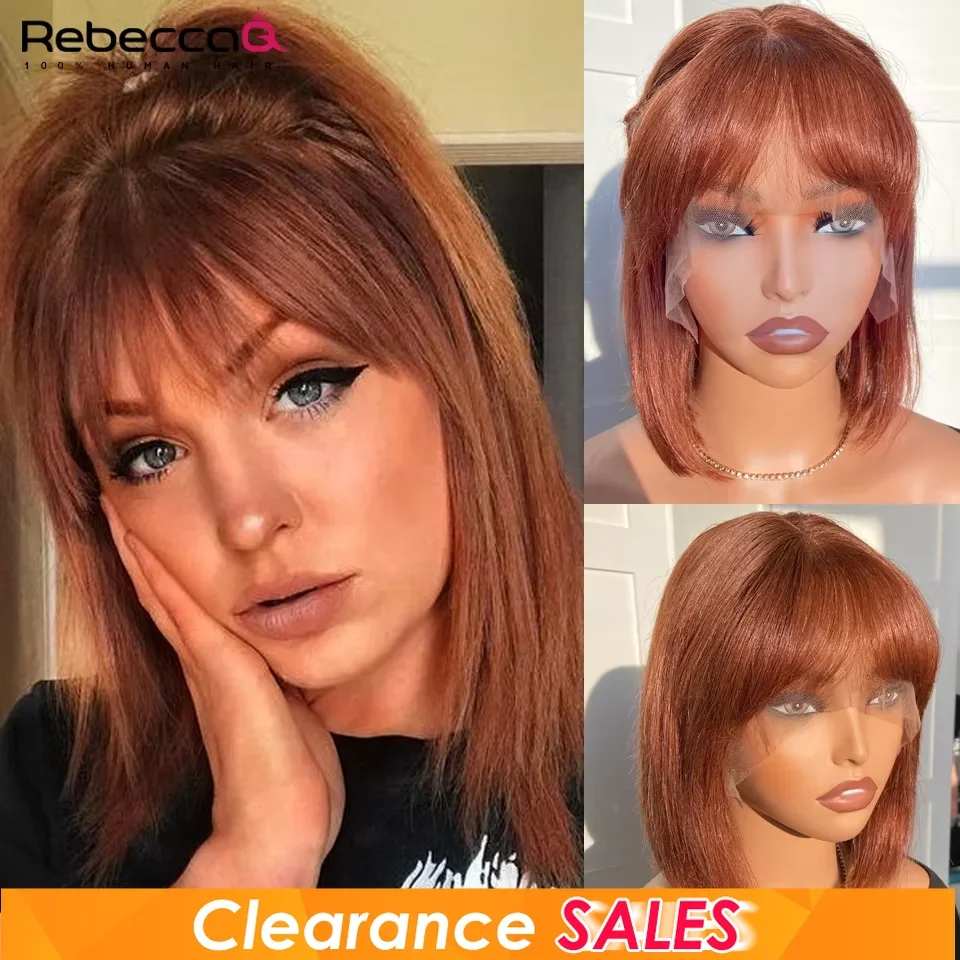 

Reddish Brown Straight Bob Lace Front Wig With Bangs Human Hair Bob Wig For Women Brazilian Remy Hair Reddish Brown Lace Bob Wig