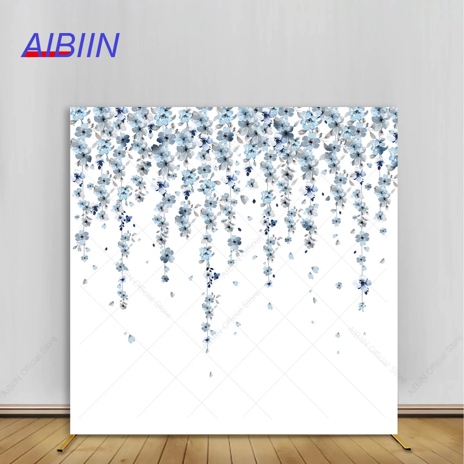 

Blue Grey Flower Square Backdrop Cover Hanging Floral Vine Wedding Birthday Baby Shower Photozone Party Decor 2-Sided Background