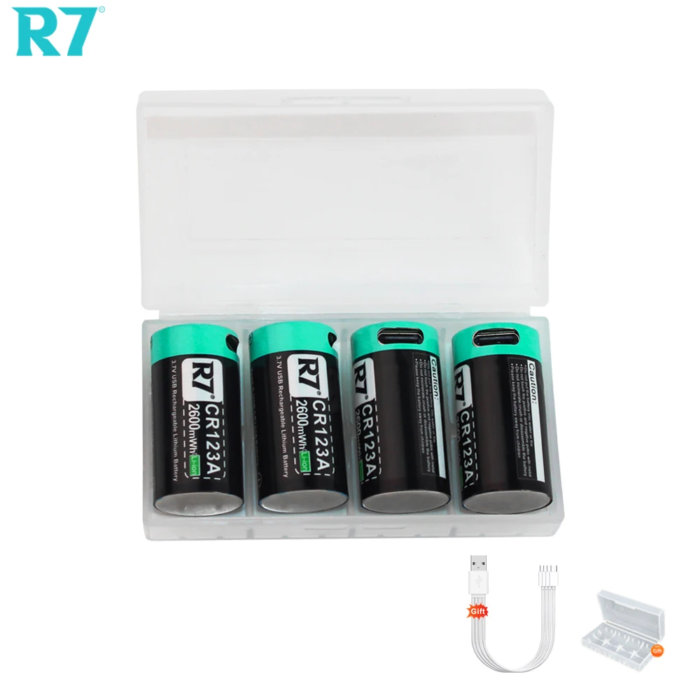 R7 brand 3.7V CR123A Li-ion Rechargeable Battery 2600mWh RCR123 USB Lithium 16340 Battery For LED Flashlight + Type-C Cable