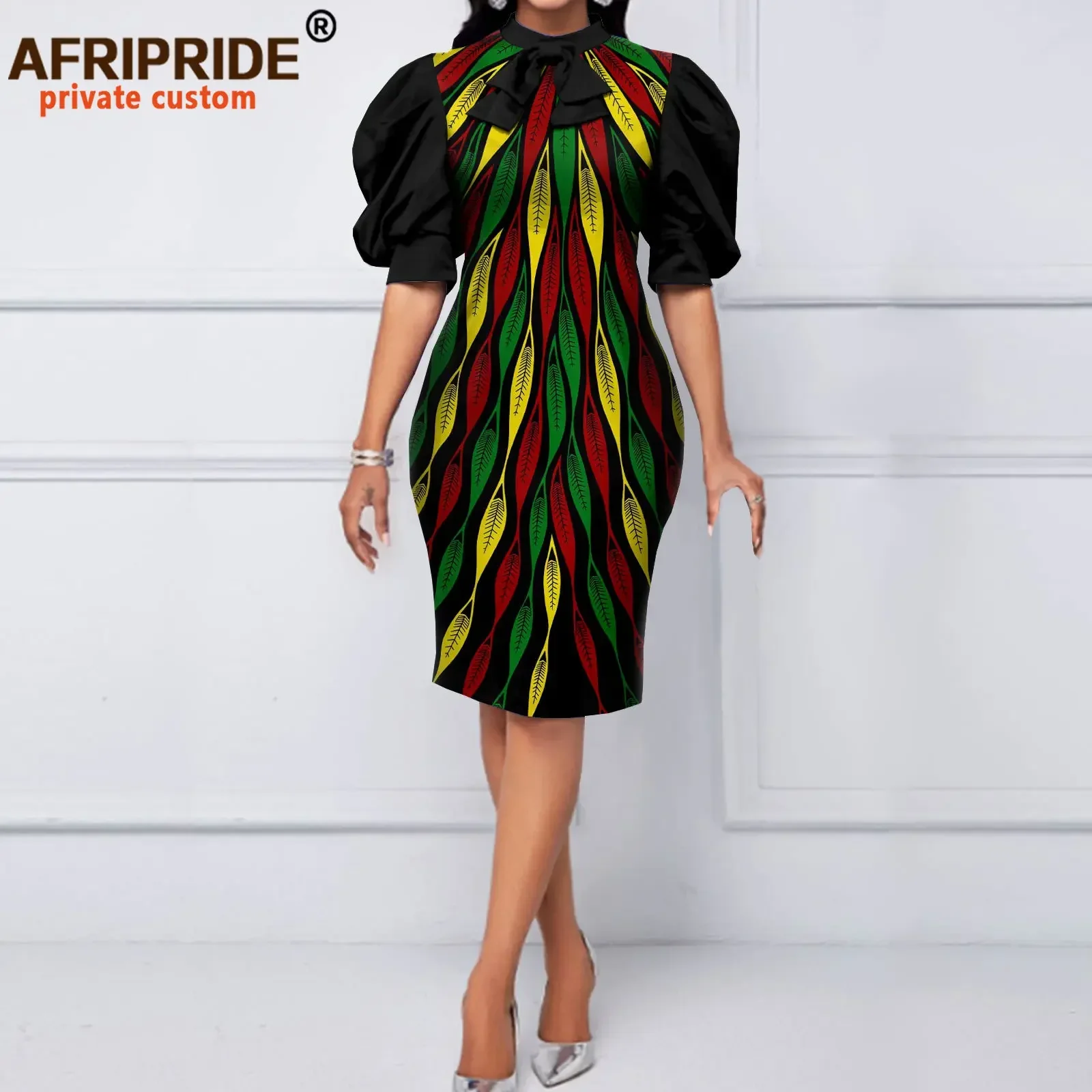 

African Print Dresses for Women Puff Sleeve High Waist Elegant Fashion Ankara Attire Bodycon Dress Pure Cotton Outfits A2125040