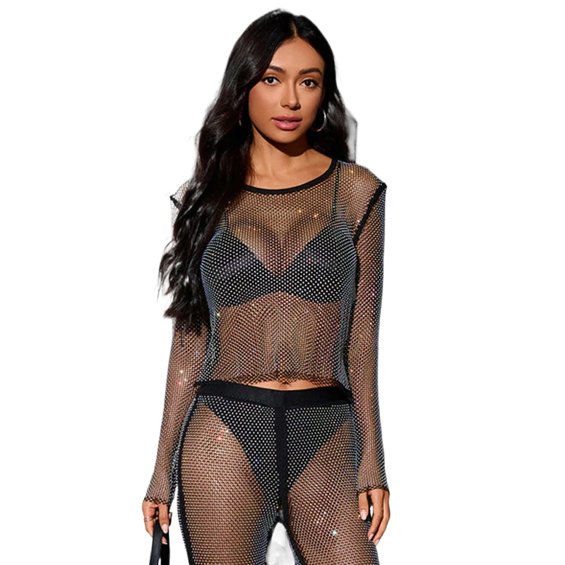 2026 Neuheiten Nachtclub-Party Damen T-Shirt Elegante Lässige Streetwear Kleidung Strand Hollow Cover-Up Bikini Funkelnd – Detail 1