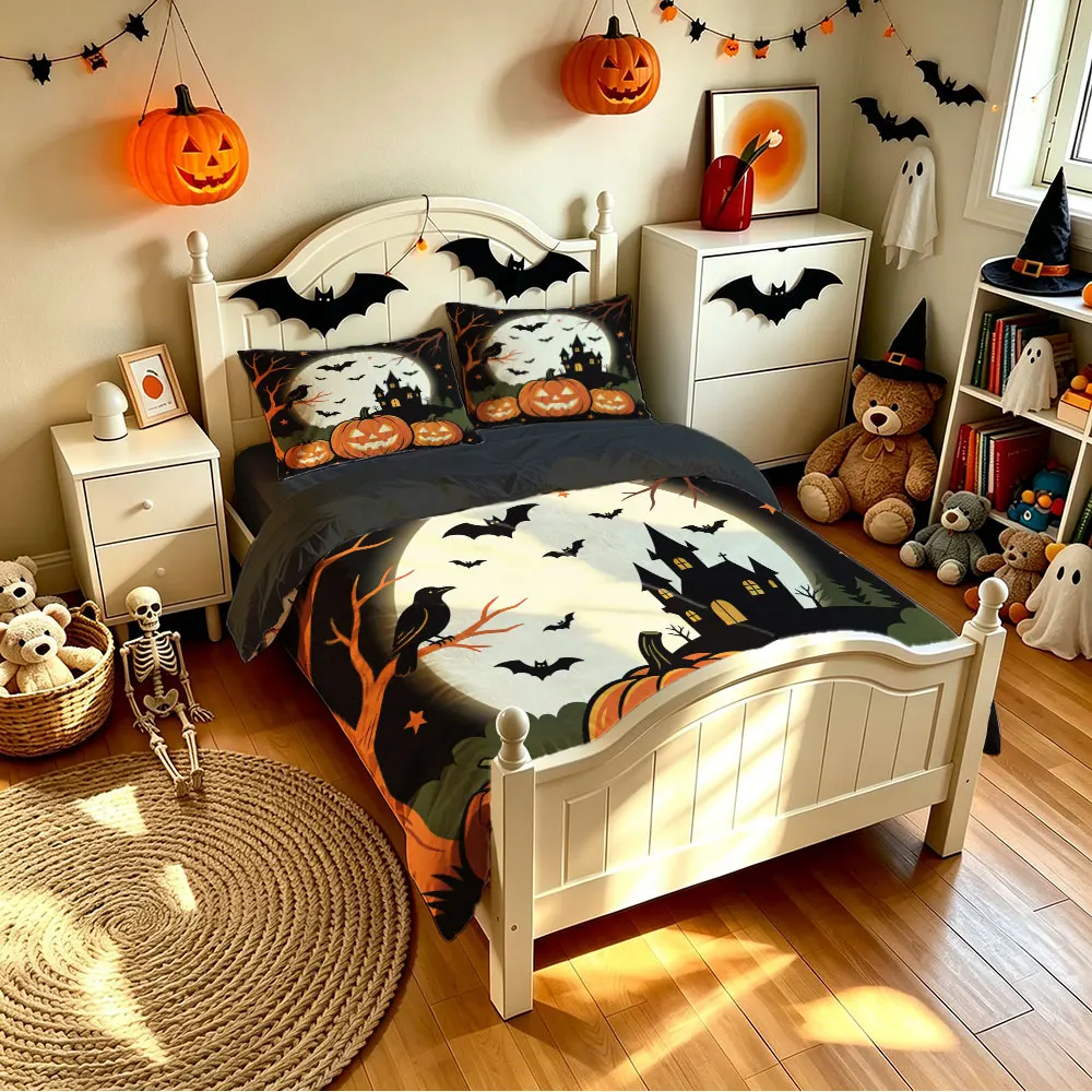 Halloween Castle Pumpkin Bat Full Moon 3Pcs Duvet Cover Set Spooky Night Horror Bedroom Bedding Set