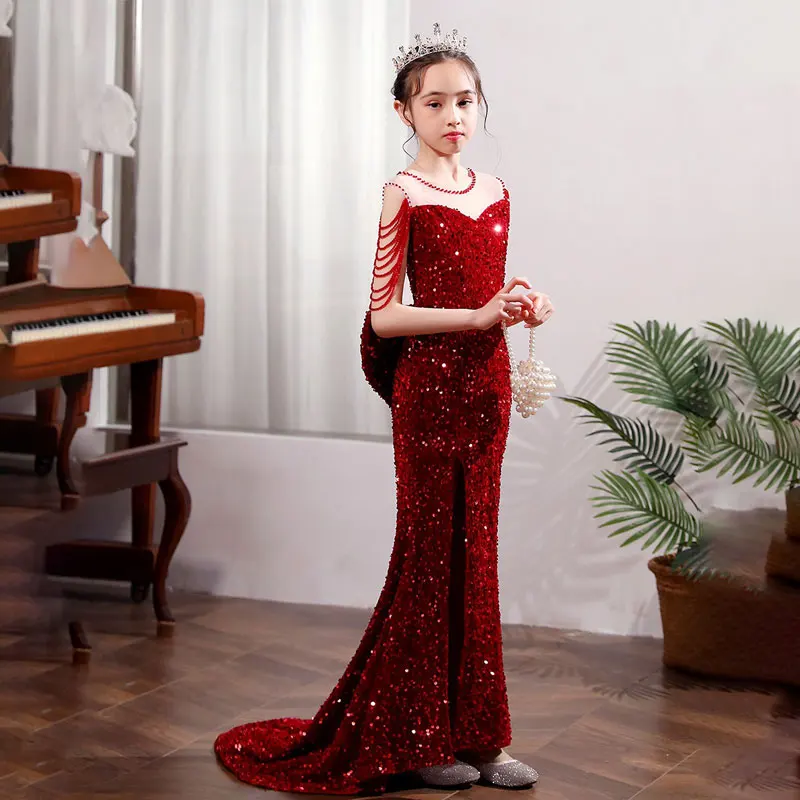 Junior Girls Birthday Party Ball Gown Kids Formal Sequin Pageant Dress Little Girls Elegant Big Back Bow Dresses Tail Long Beads