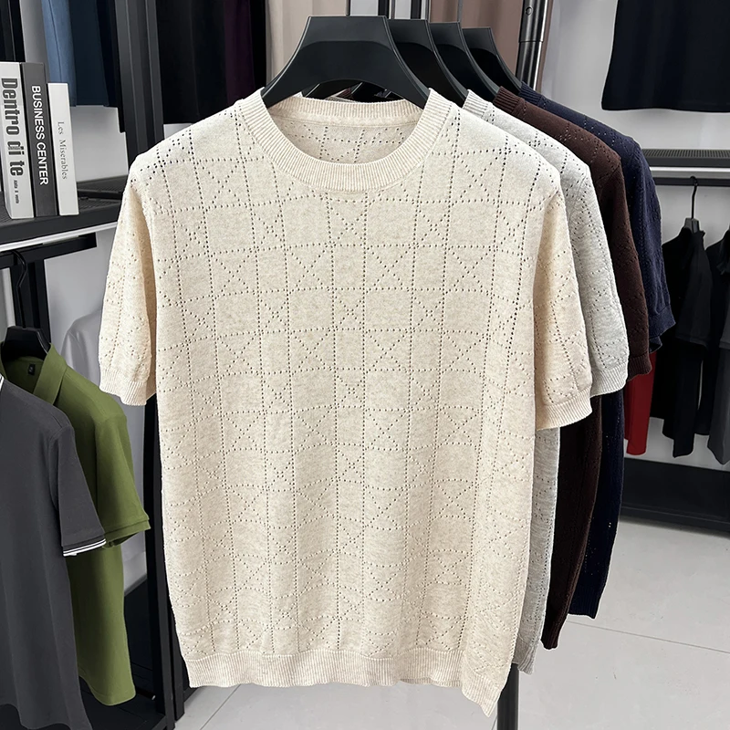 Hot-Selling Man Short-Sleeved Knit T-Shirt Crew Neck Solid Color Argyle Casual Ventilate Trend Versatile British Style Men's Wea