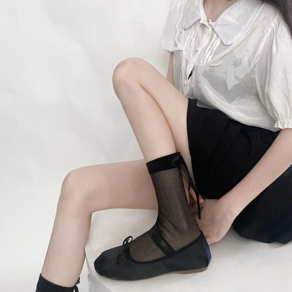 Y2k Ultra-thin Transparent Nylon Long Socks Women JK Lolita Kawaii Bowknot Cute Socks Sweet Girls Solid Color Black White Socks