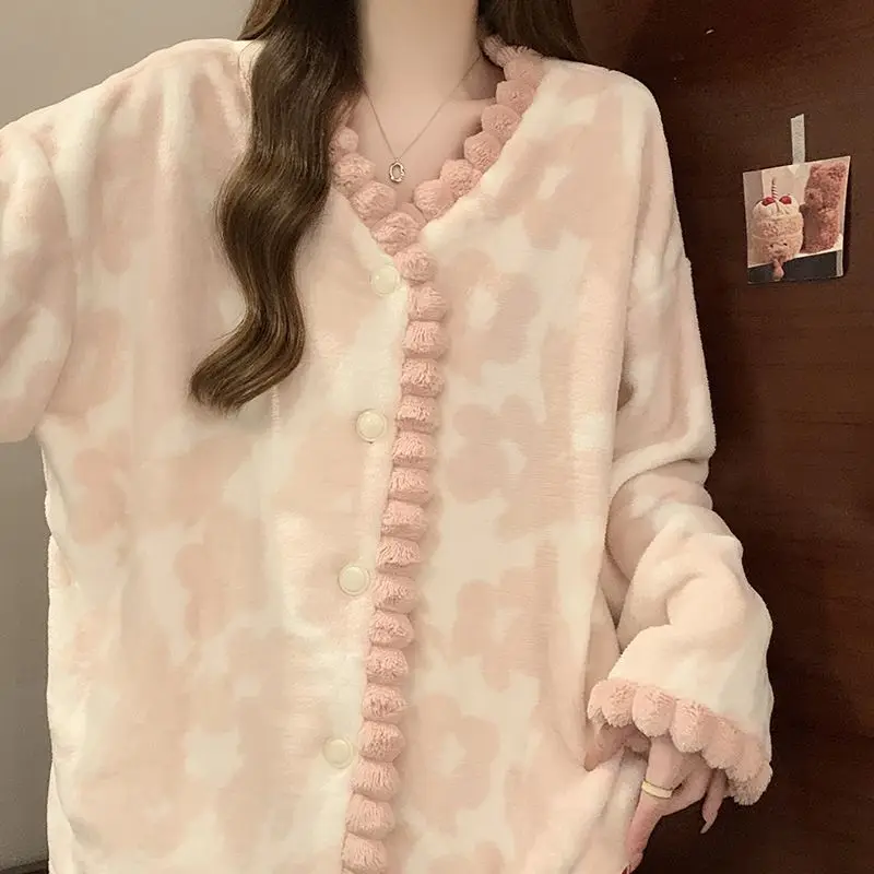 

Women's Clothing Pajama Set Homewear Long Sleeves Pants Two-Piece Set Autumn and Winter Thicken Comfortable Sweet Fashion