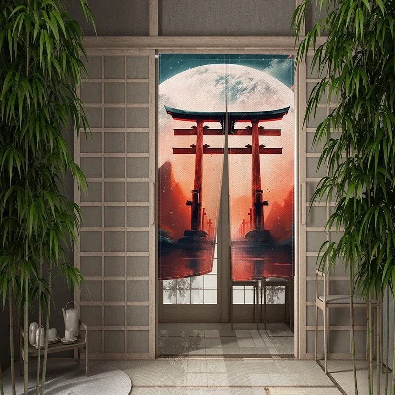 Japanese Shrine Door Curtain Moon Dining Room Door Decor Curtains Partition Curtain Drape Kitchen Entrance Hanging Half-Curtain