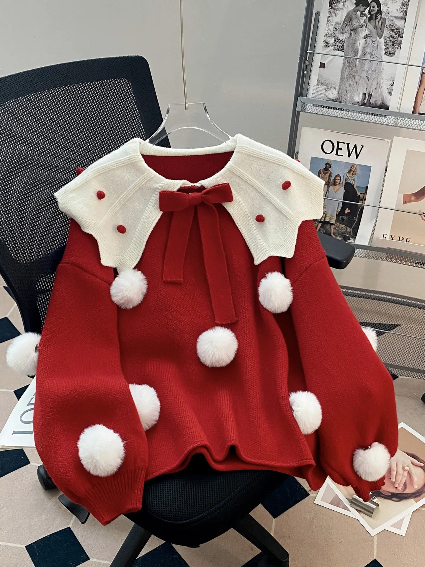 

2026 красный рождественский атмосферный свитер для женщин, новые осенние и зимние толстые пуловеры, тяжелый шерстяной вязаный свитер с шариками