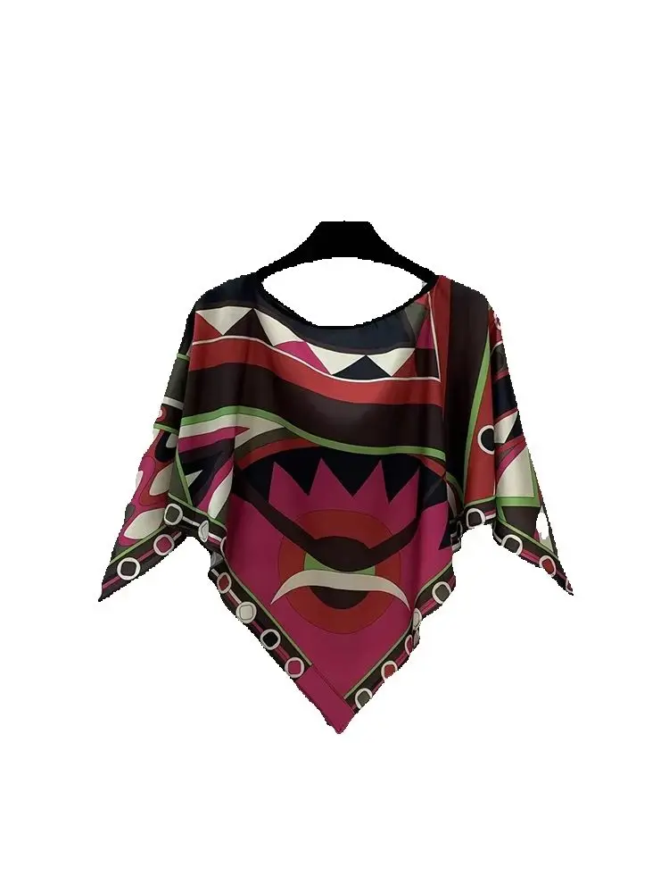 Summer Fashion Vintage Geometric Pattern Print Loose Tops Women's O-Neck Batwing Long Sleeve Loose Pullovers
