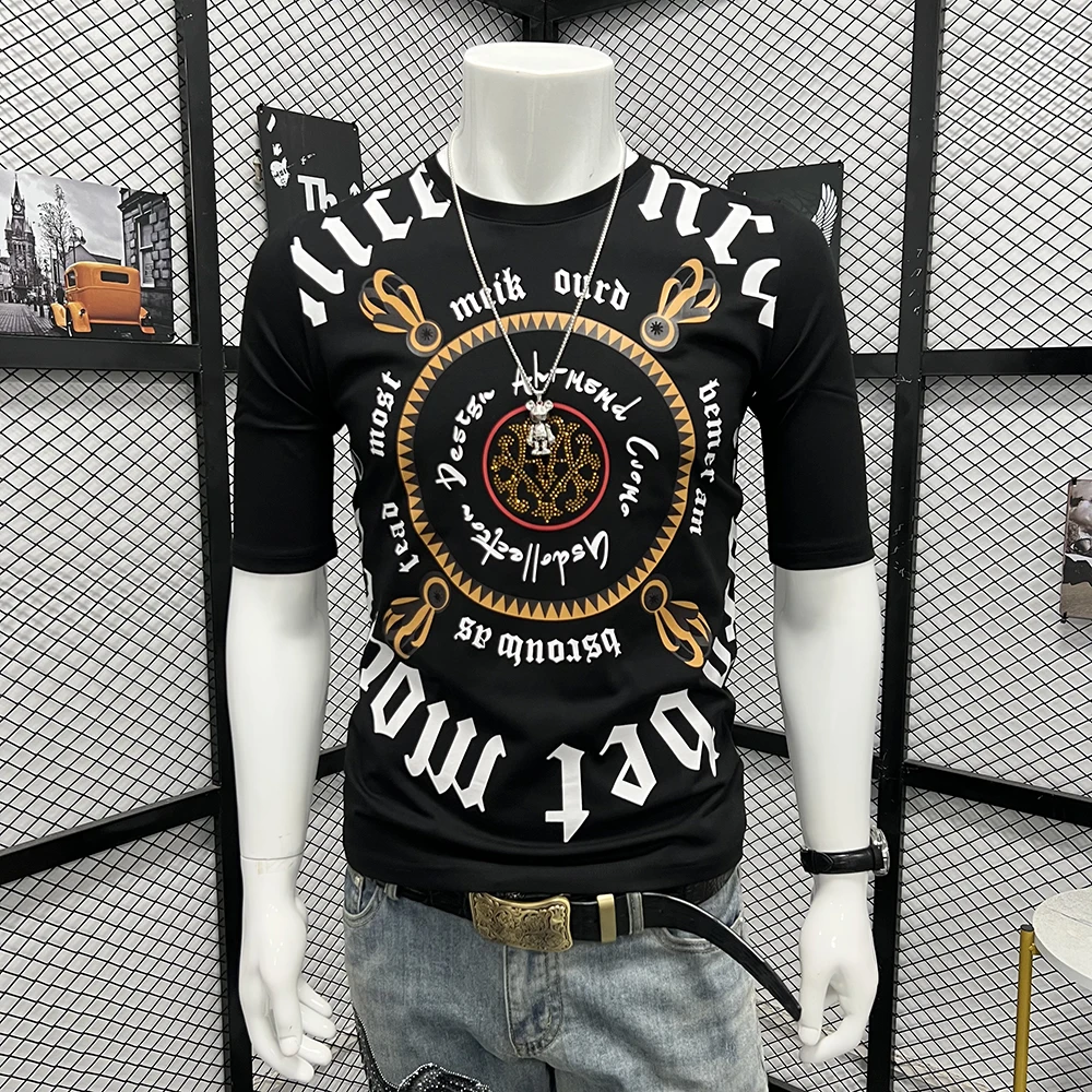 

Hot Diamond Western Style Men's T-Shirts Summer New Trend Pattern Embroidery Design Mercerized Cotton Sequin Tees M-4XL
