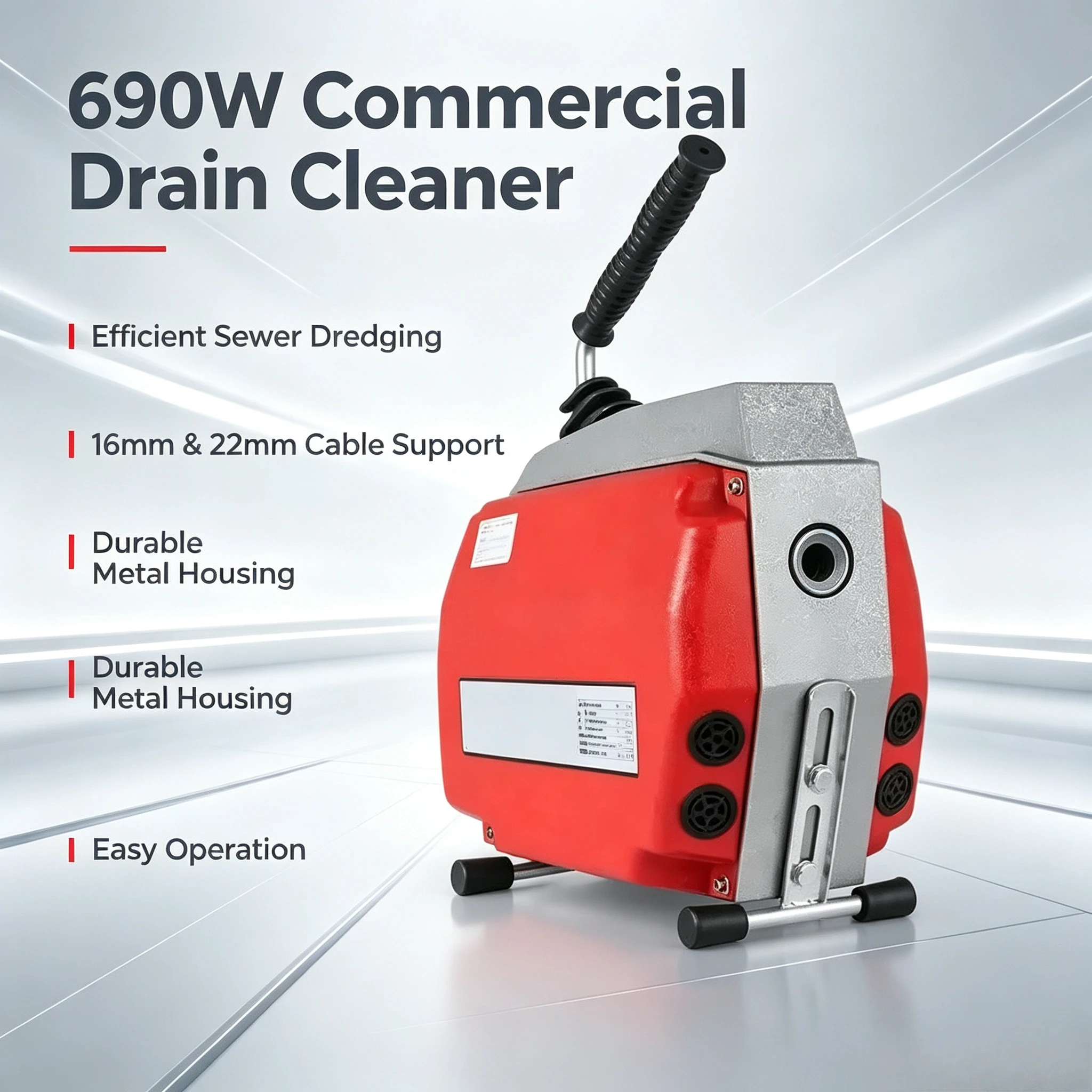 Commercial Sewer Dredging Machine, 690W Drain Cleaner with 16/22mm Cables for Pipeline Unclogging and Drain Repair Work