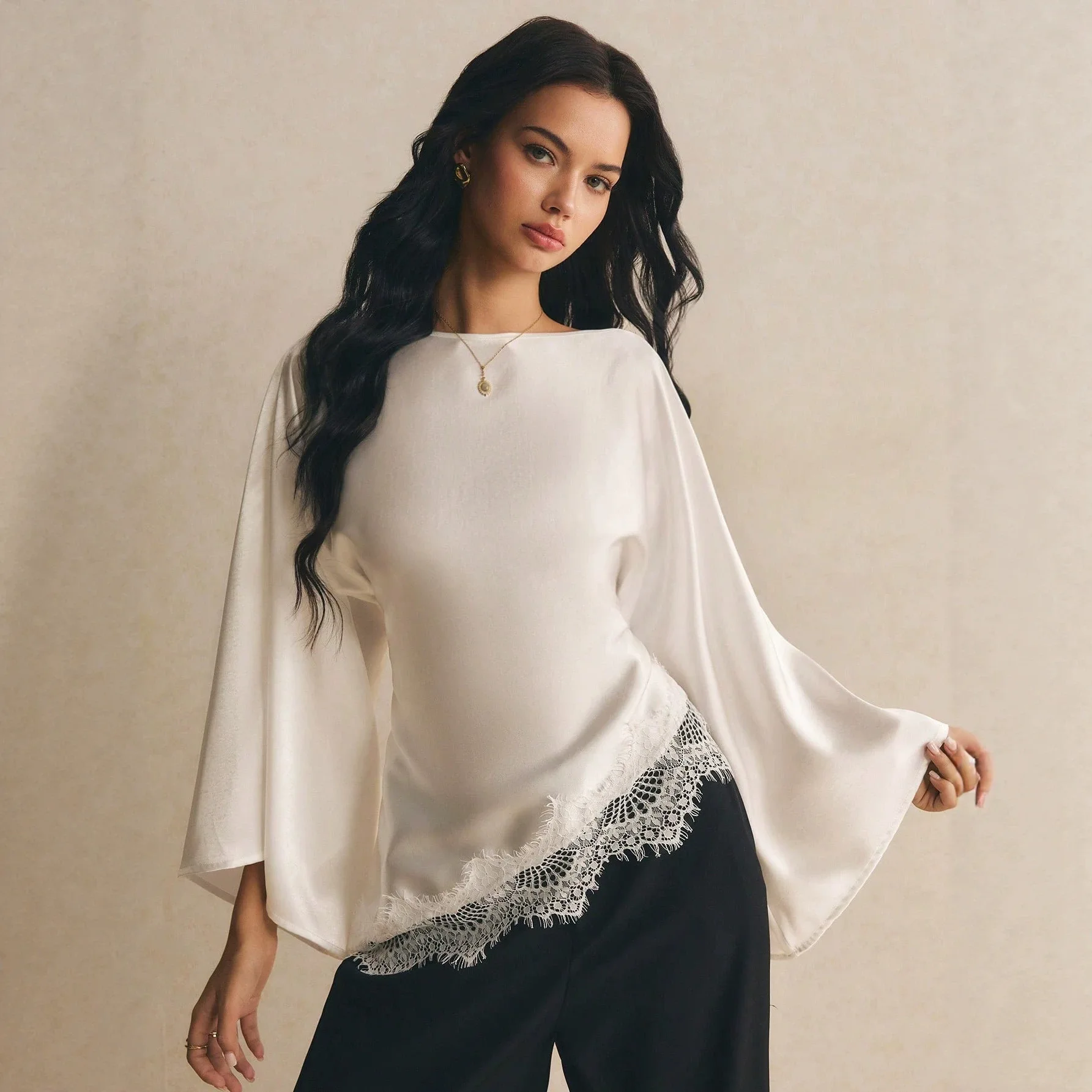 Ins Style 2026 New Satine Lace Spliced Loose Bell Sleeve Women's Blouse Summer Dresses 2026 Party Vestidos Luxury Femme