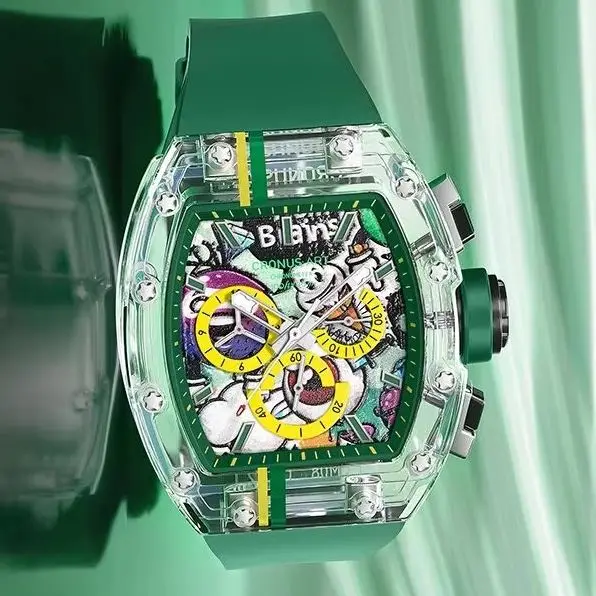 Reloj Cronógrafo Cronusart para Hombre, 50 mm, Caja de Zafiro, Correa de Fluororubber Luminosa, Esfera con Espejo