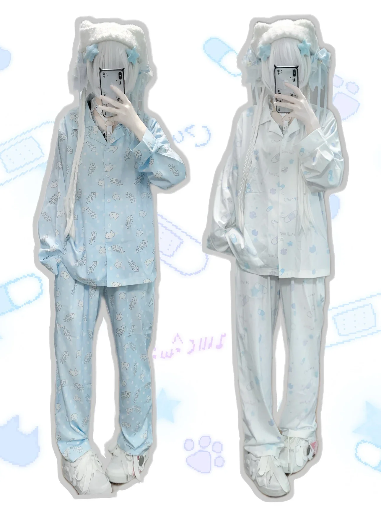 Original Water Color Cute Pajamas Girl Women's Subcultural Cat Paws Cat Head Ice Silk Long-sleeved Shirt and Pants Sleepwear Set