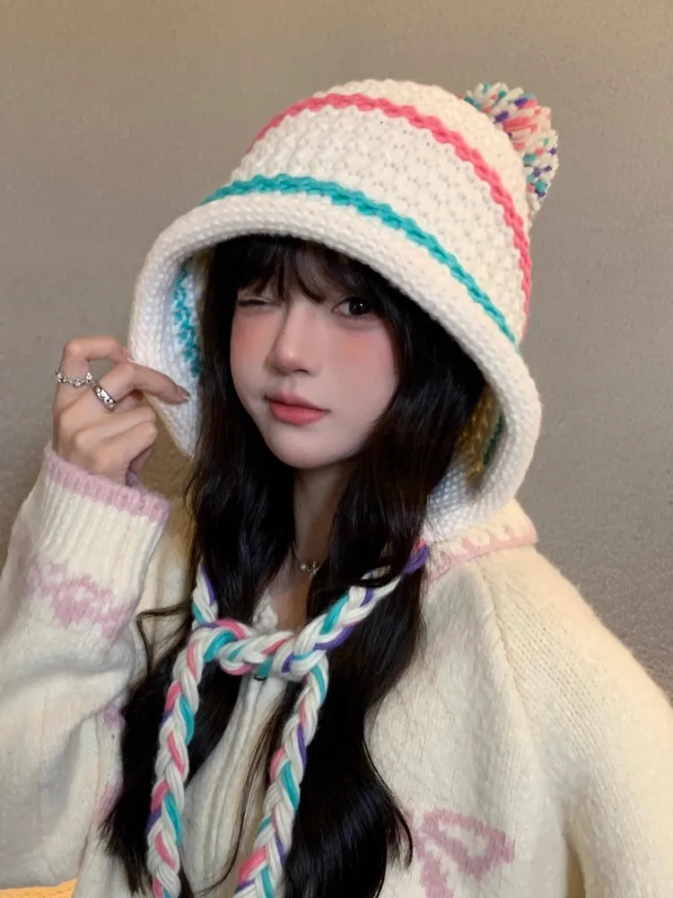 Sweet Ladies Winter Colorful Knitted Beanies Keep Warm Kawaii Women Outside Travel Cap Ear Protection Tassels Lace Up Hat