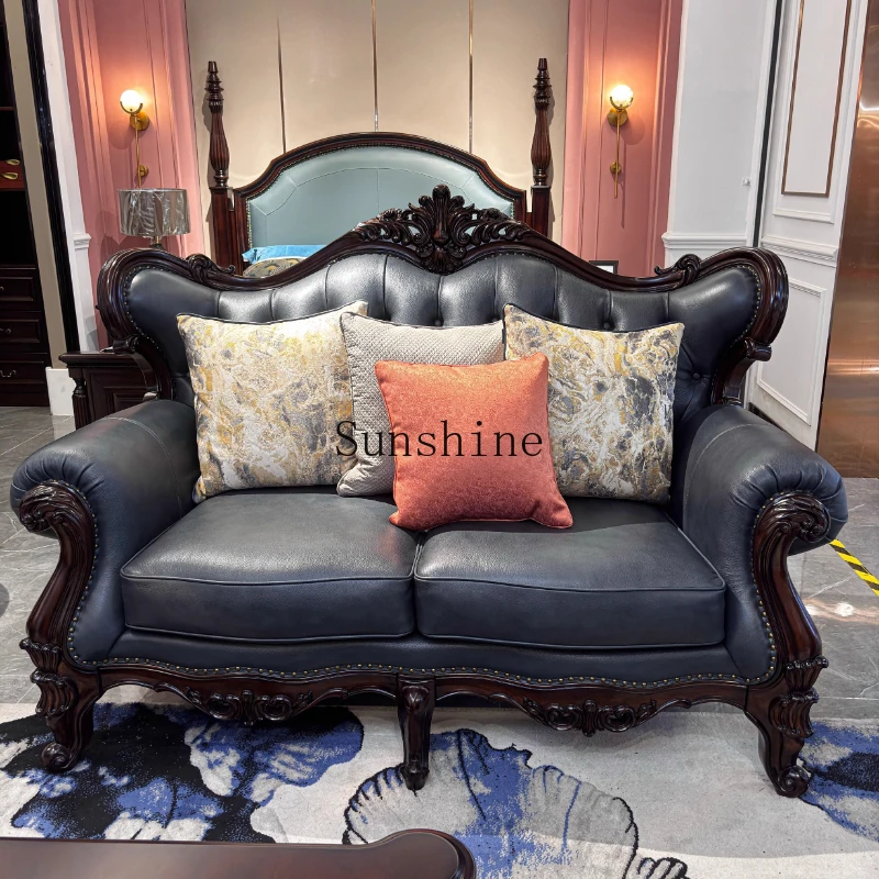 

All solid wood leather sofa combination European-style villa three-person retro luxury