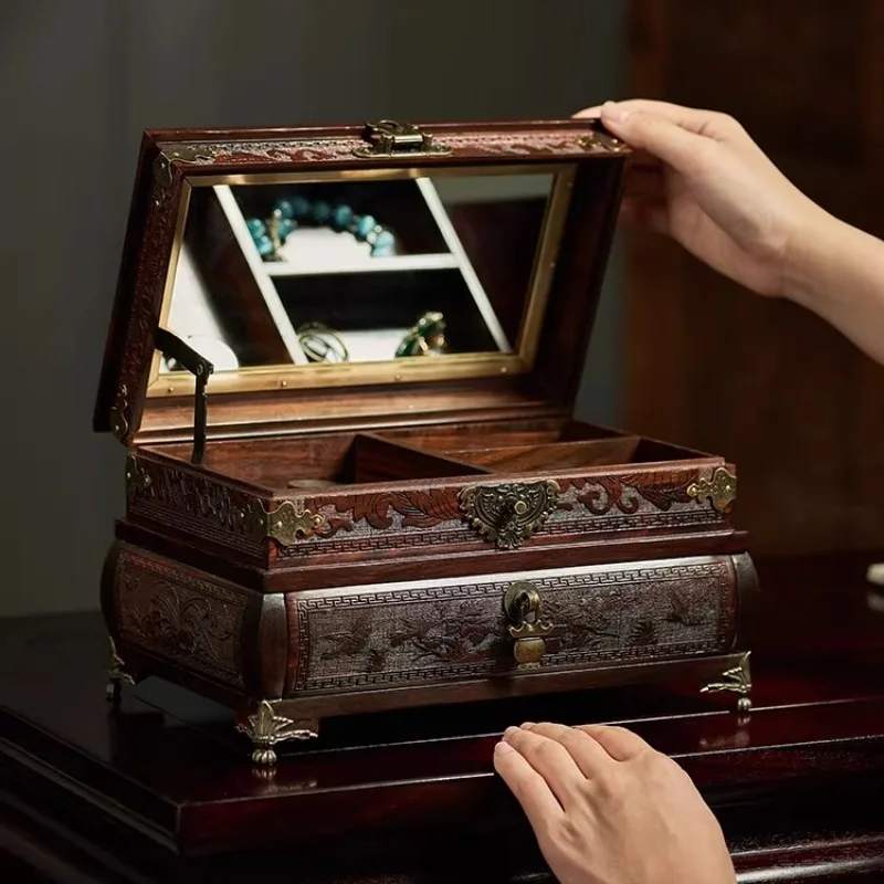 

Solid Wood Jewelry Box with Antique Brass Lock - Handcrafted Dovetail Joinery Decorative Storage Organizer for Women