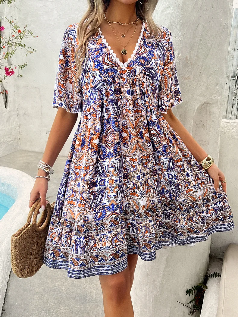 Loose Casual Boho Printed Dress Fashion V-neck Lace Spliced ​​petal Sleeve Midi Dress Spring New Vacation Style Women's Clothing