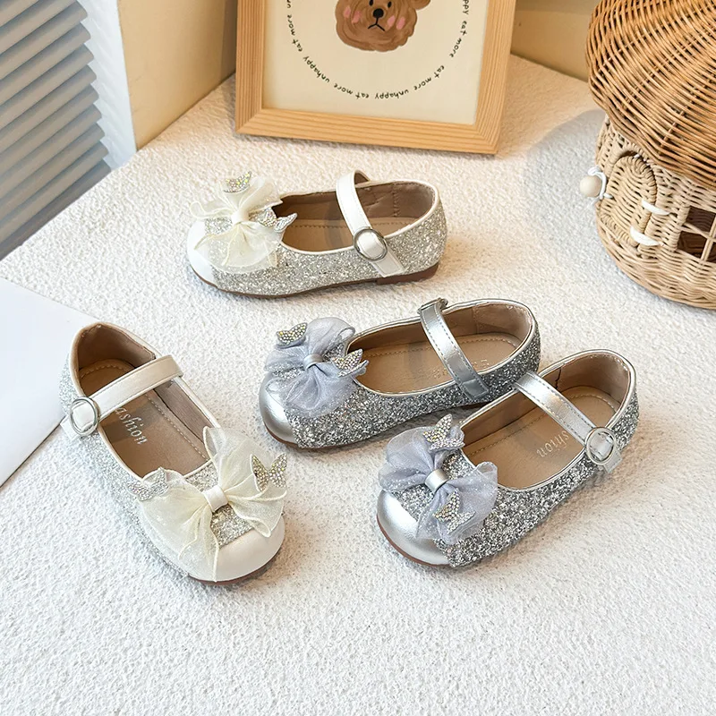 

2025 Autumn New Kids Leather Shoes Sweet Lace Bows Girls Princess Shoes Round Toes Versatile Children MaryJanes Performance Shoe