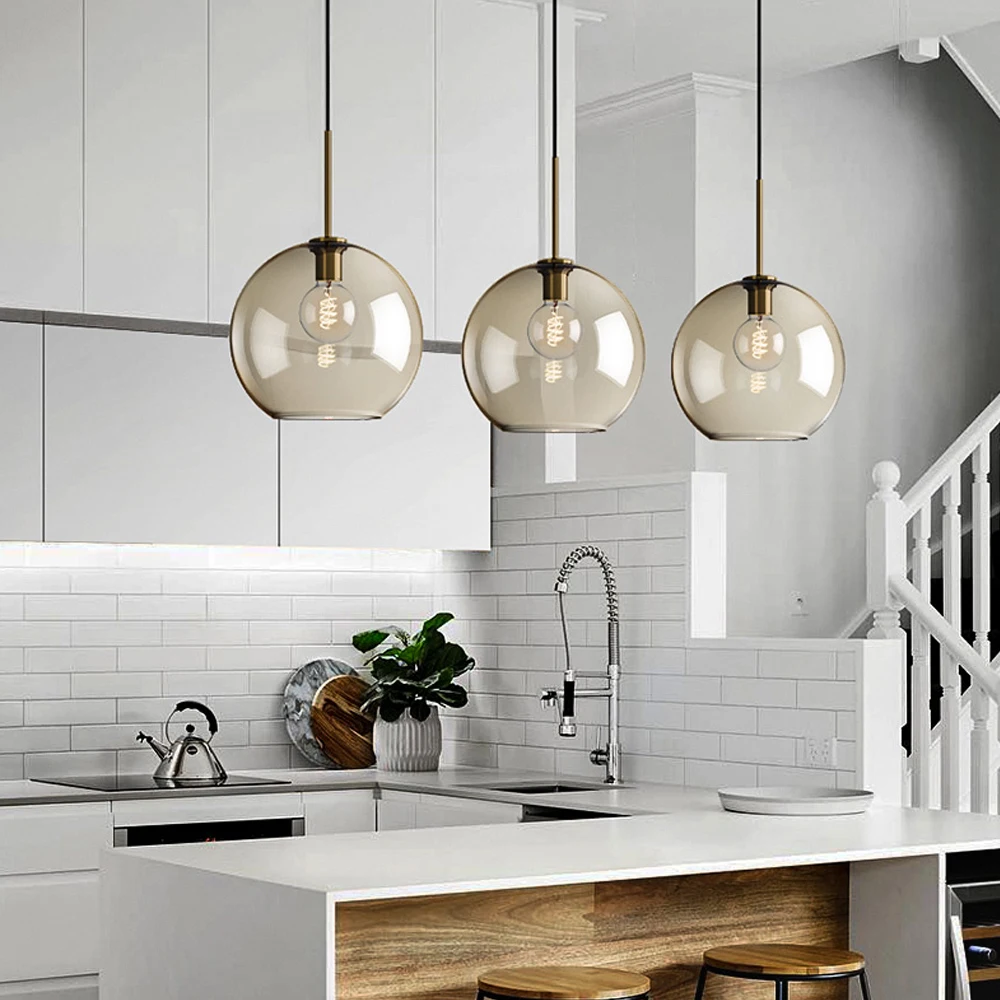`Modern Amber Glass Pendant Light E27 Globe & Drum Shape Brass Hanging Ceiling Lamp for Kitchen Island Dining Room Cafe Home Dec