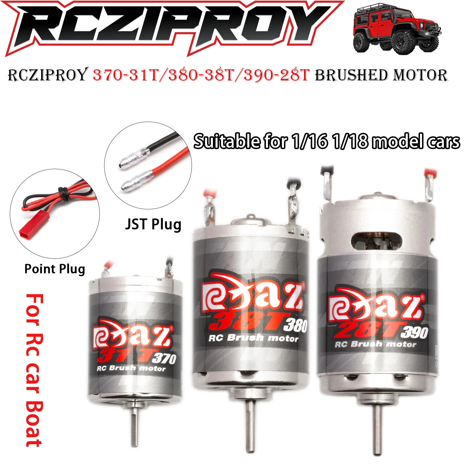 RCZIPROY RC Brushed Motor 370-31T/380-38T/390-28T Waterproof JST/Point Plug Stainless Steel High Torque For 1/18 1/16 RC Crawler