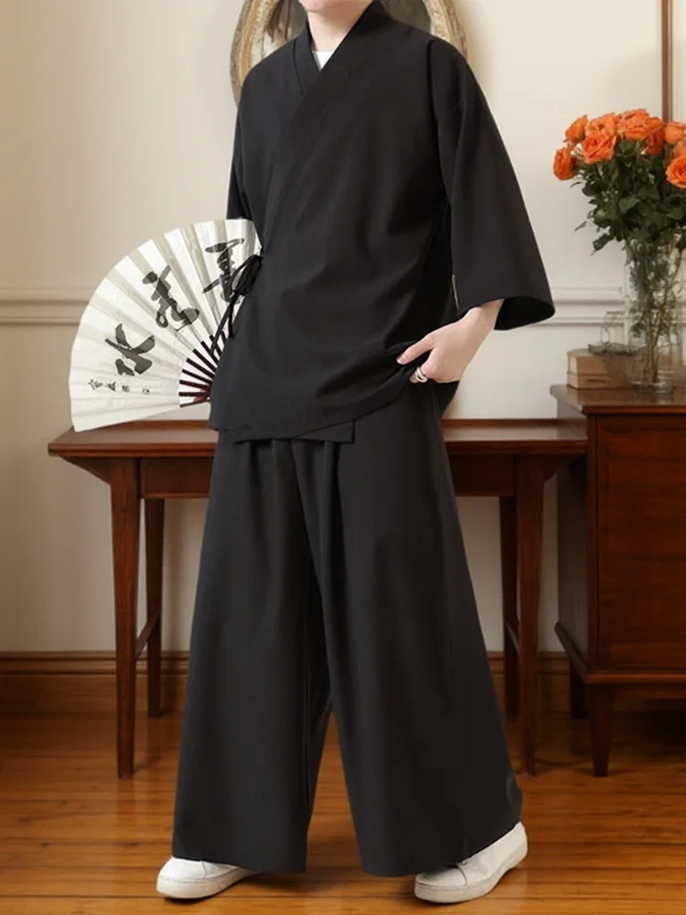 

Cotton Linen Men's Hanfu Taoist Robe Full Set Casual Wear Youth Summer Season Traditional Chinese Clothing Belt Decoration