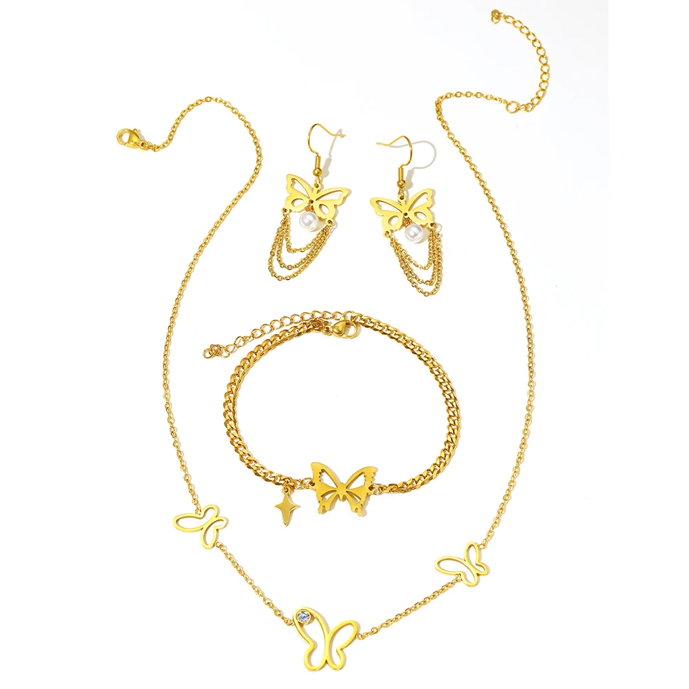 Set di gioielli in acciaio inossidabile collana orecchini a forma di farfalla atmosferica diamanti scava fuori il Design per gioielli da donna