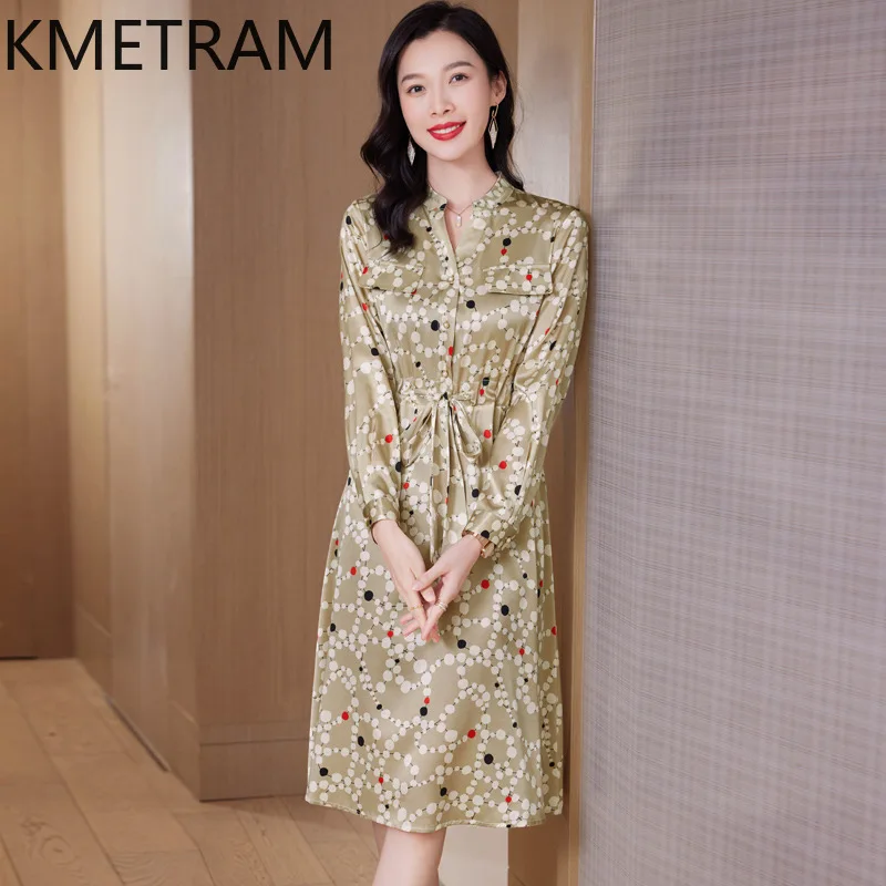 KMETRAM 91.2% Real Mulberry Silk Dress Long Sleeve Women Clothing Elegant Party Dresses Summer 2024 Woman Retract Waist Vestidos