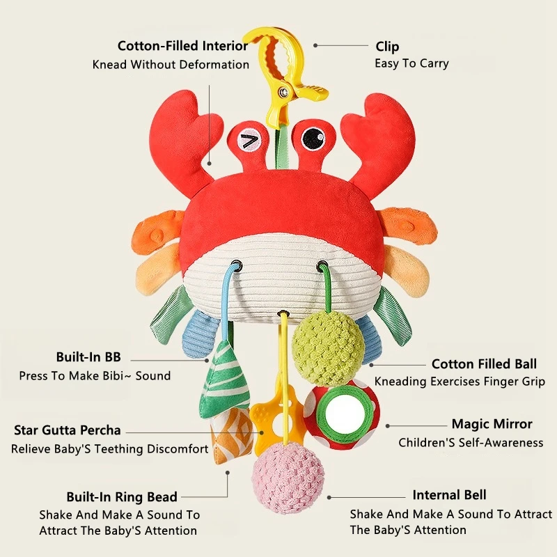 Cama de bebé de pollo y cangrejo de dibujos animados, juguetes colgantes con sonajeros, mordedor, carrito de coche, cuerda de tracción de felpa, juguete Montessori para recién nacido