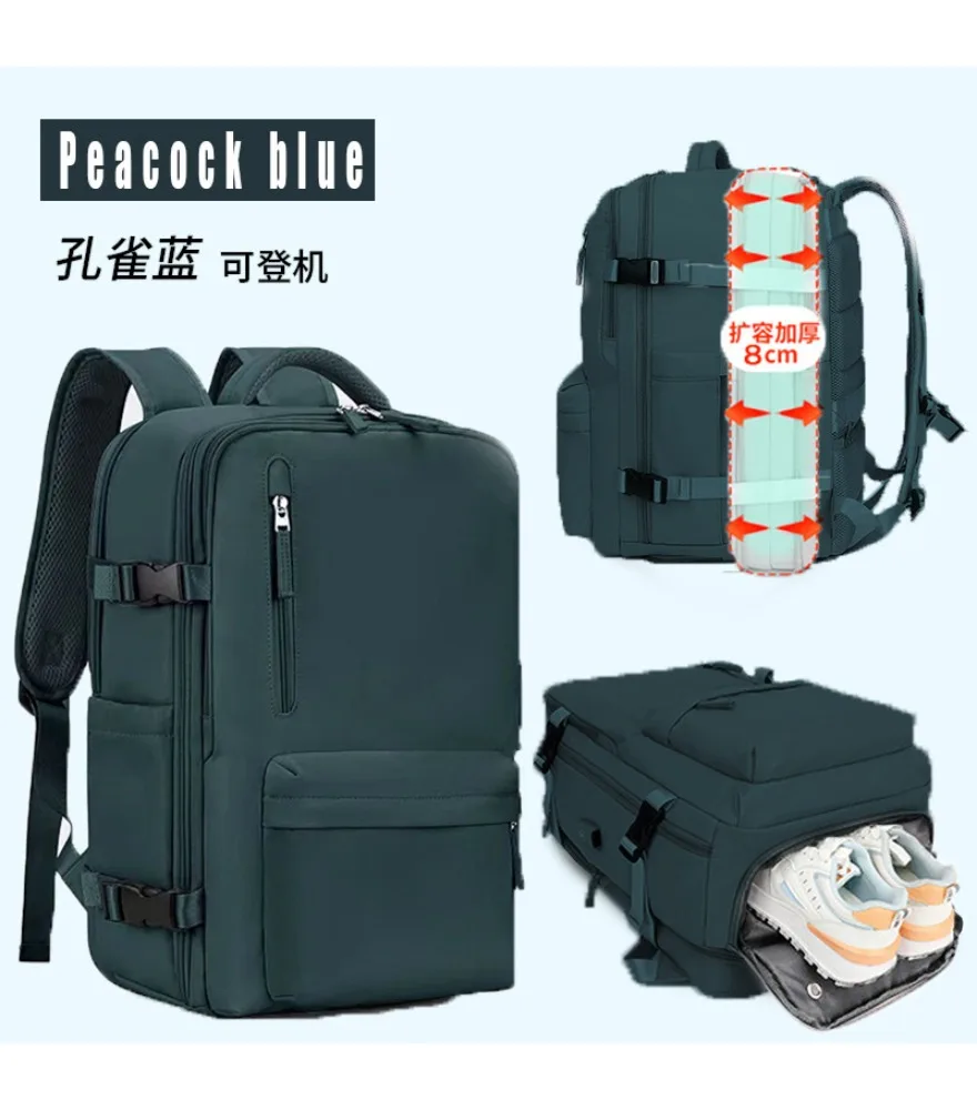 Black leather like expandable backpack with side buckles anti splash for men business commute weekend travel
