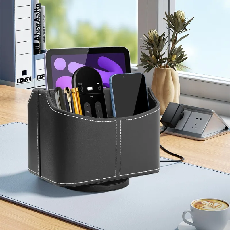 360 Degree Rotating Desk Organizer Leather Pen Holder Storage Box for Office Desktop Pens Remote Control Container 데스크 정리함