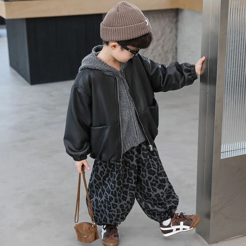 

3PCS set Winter Boys Girls Warm Leather Coat+Hooded Sweater+Leopard print Pants Kids Children baby Handsome Streetwear Clothes