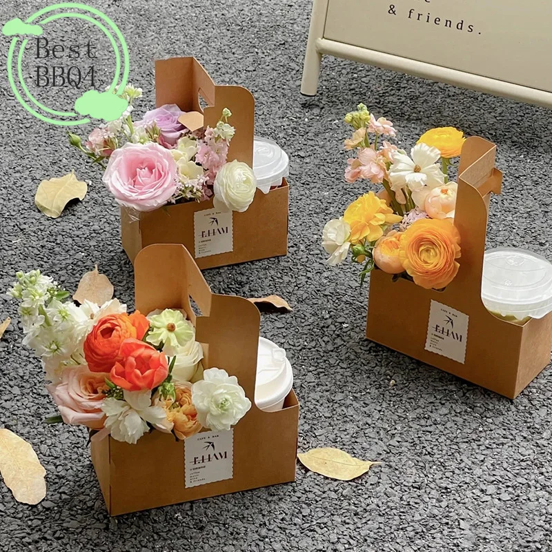 (BBQ4)10pcs Portable Flower Gift Bag Kraft Paper Holder Coffee Cake Dessert Packaging Box Photo Favor Drink Carrier With Handle