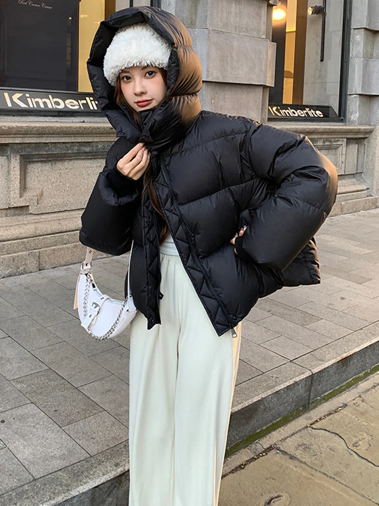 FSMG Fashion Solid Parkas Downcotton-padded Hooded Coat Women's Cropped Cotton Puffer Jacket Thick Cotton Padded Female Overcoat