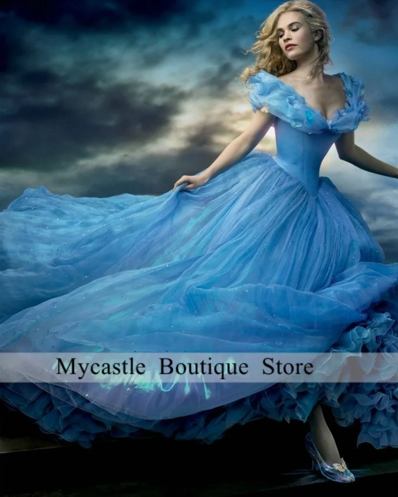 

Customized Romatic Cinderella Quinceanera Dresses Off Shoulder Organza Sky Blue Sweet 16 Prom Dress Party Wear Cosplay Dress