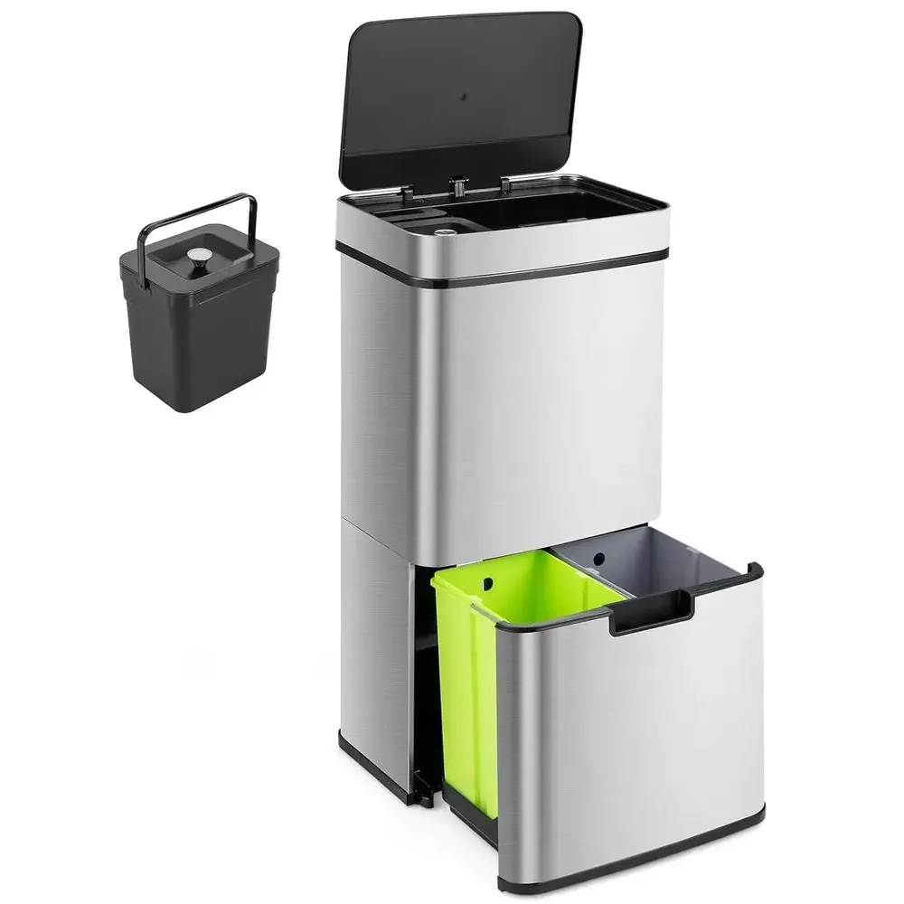 

18-Gallon Stainless Steel Touchless Trash Can with 2 Recycling Bins and Soft-Closing Lid