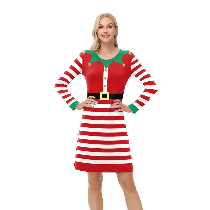 

MINISO Christmas Elegant Women Dress Adults Long Sleeve Full Printing Casual Holiday Elf Xmas Cosplay Costumes Female Clothes