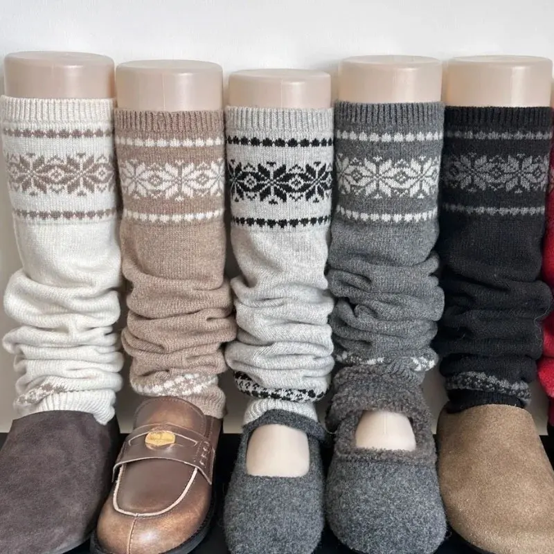 White Korean Women's Socks Autumn Winter Pile Sock Thick Thread Knitted Snowflake Slimming Warm Gray Calf Cover
