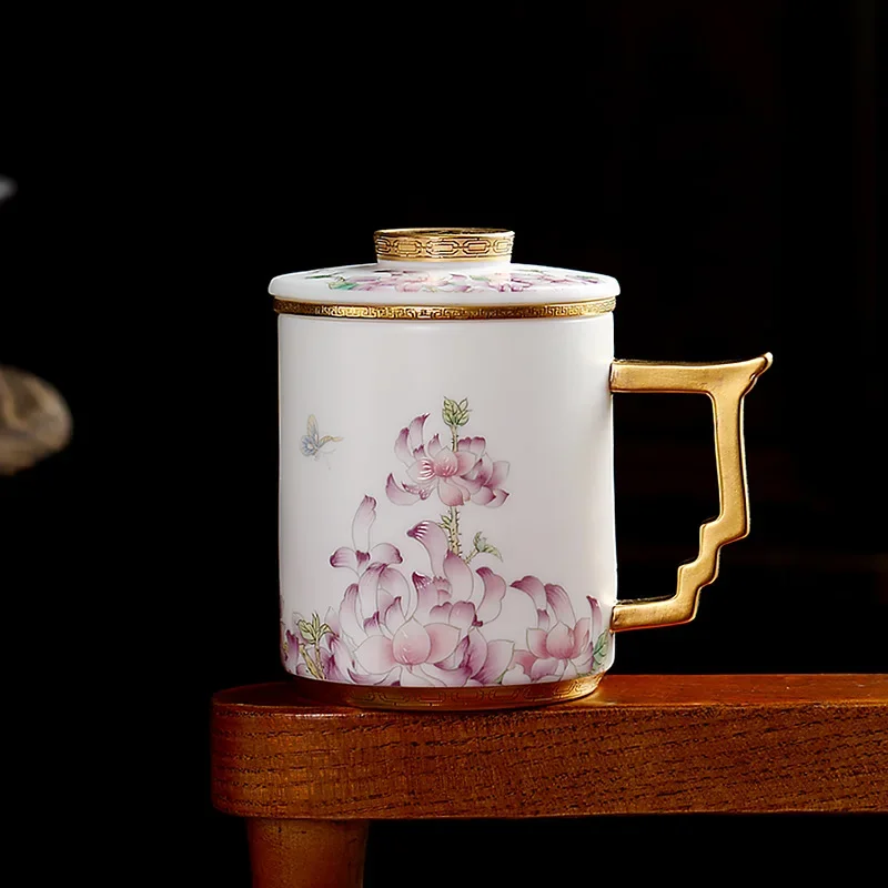 Bauhinia, com tampa, filtro, pintura dourada, copo de água, cerâmica, vegetariano, caneca