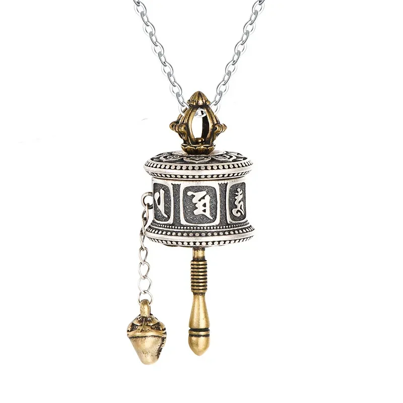 S925 Silver Ethnic Style Six-Character Mantra Wheel Pendant Eight Treasures Auspicious Wheel Rotatable Tibetan Buddha Necklace