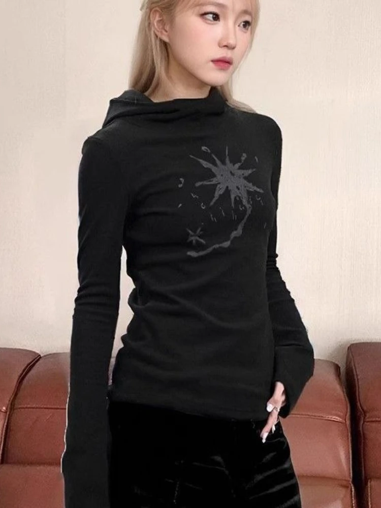 

American Vintage Round Neck Blouse Pure Color Y2k Print Pattern Subculture Long Sleeve Slim Spicy Style Woman Hooded 2025 Autumn