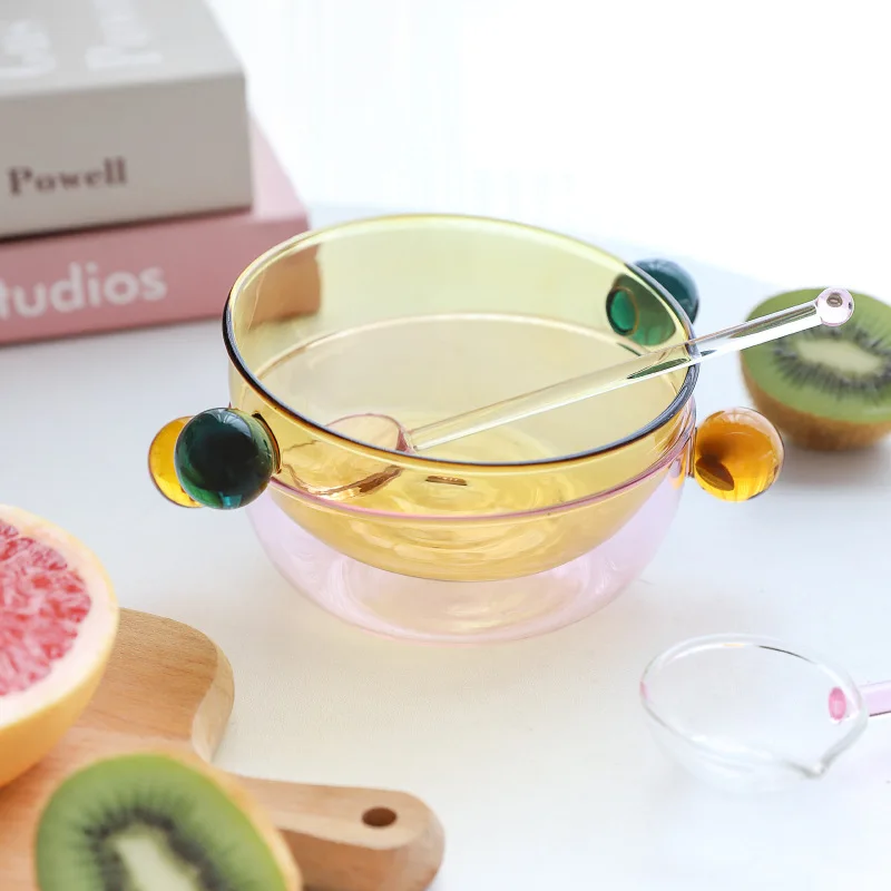 Double Spherical Handle Contrasting Borosilicate Glass Bowl Fruit Yogurt Oats Breakfast Color Glass Bowl