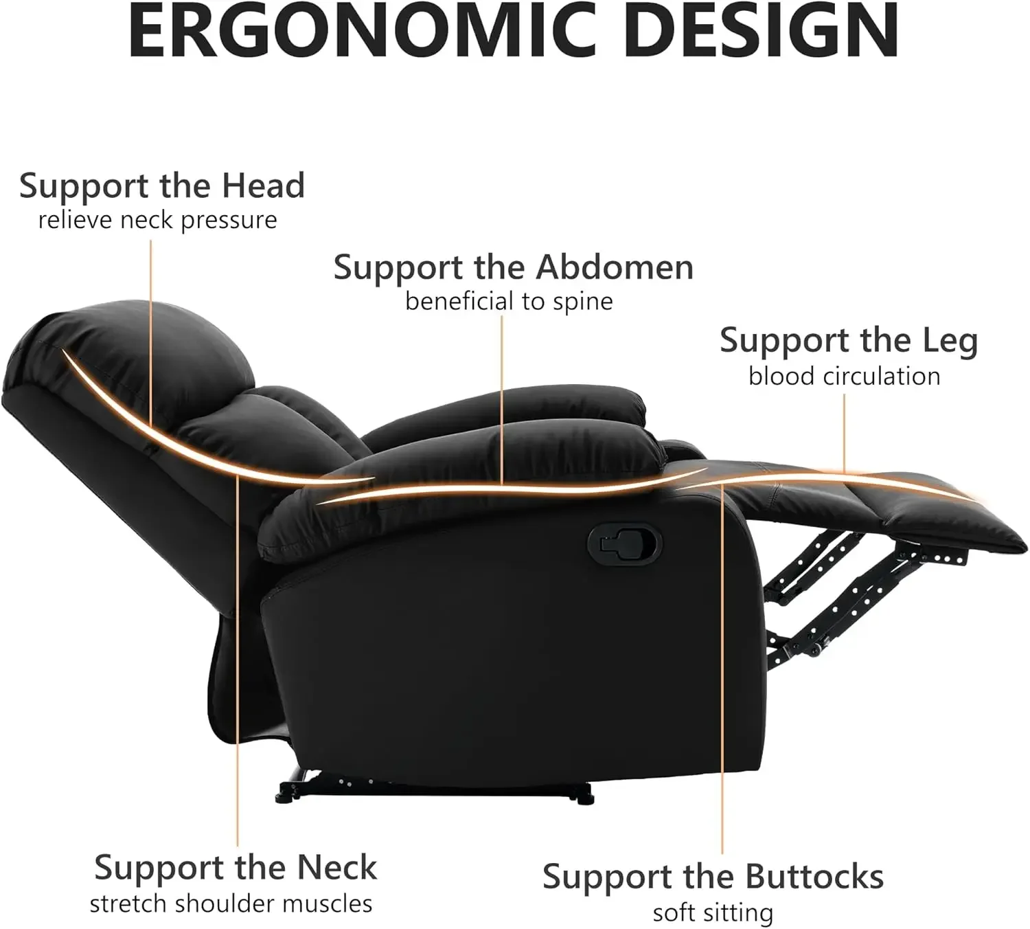 Fauteuil inclinable manuel pour adultes, cuir anti-rayures, petit canapé noir pour camping-car ou salon