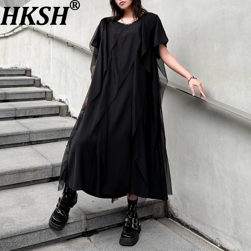 

Женское длинное платье HKSH оверсайз с плиссировкой, сетчатыми вставками, круглым вырезом, короткими рукавами, стройнящее, шикарное, повседневное, темное, новое летнее платье HK19704