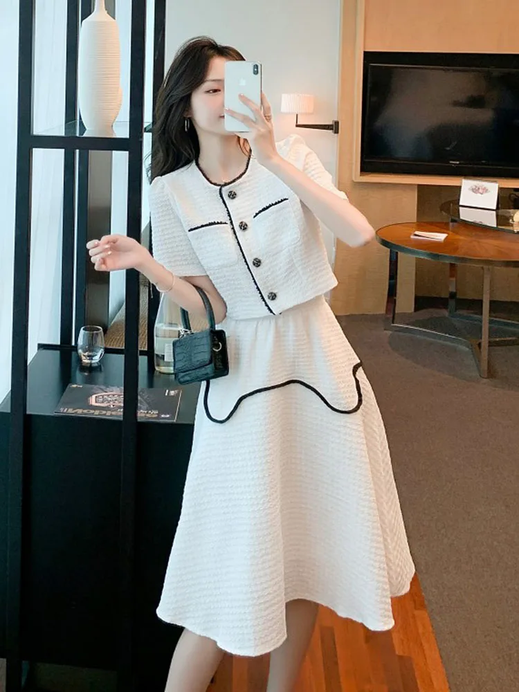 Spring Summer Chic Two Piece Sets Women Puff Sleeve Tops+High Waist Big Swing Skirt Outfits Femme Temperament White Black Suit